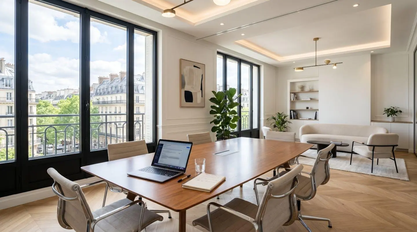 Vue en contre-plongée d'un bureau moderne et lumineux avec une table de réunion vide et un ordinateur portable ouvert