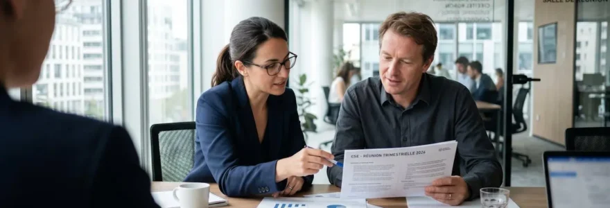 Deux élus du CSE consultent des documents lors d'une réunion de travail dans une salle lumineuse