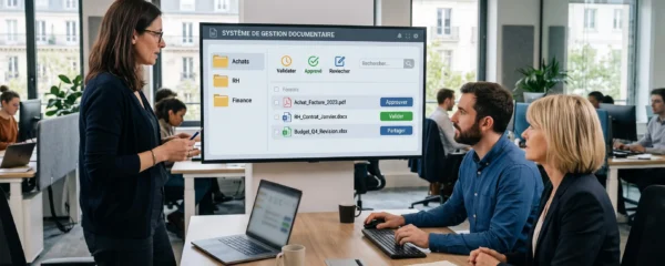 Équipe utilisant une GED pour centraliser des documents RH, achats et comptables