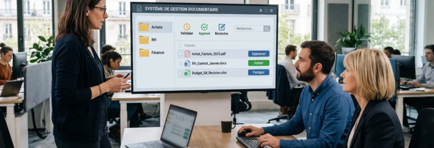 Équipe utilisant une GED pour centraliser des documents RH, achats et comptables